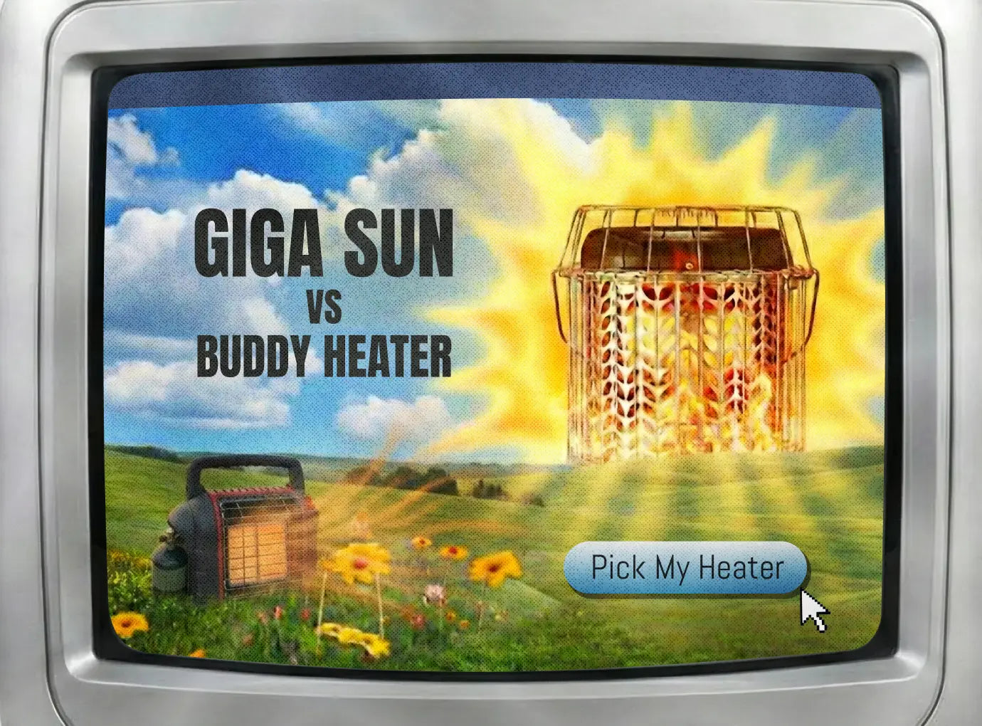 A retro TV screen graphic displaying a comparison between the "Giga Sun vs Buddy Heater." The Kovea Giga Sun is depicted as a glowing sun in the sky above a Mr. Heater Buddy sitting in a grassy field, with a clickable "Pick My Heater" button.