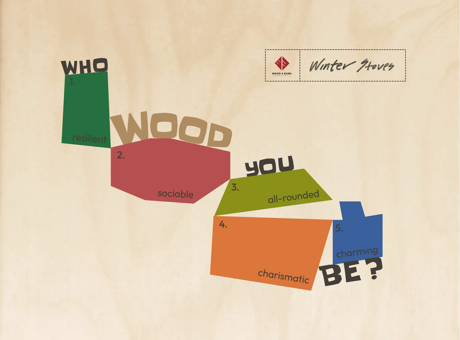 Playful title graphic on a wood-textured background reading ‘Who Wood You Be?’ promoting Bigtent’s winter stoves and firepits. Colorful cut-out shapes display personality labels like resilient, sociable, charming, all-rounded, and charismatic.