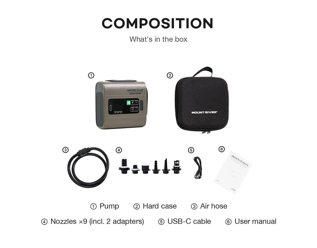 Air One Pro 22 contents: pump, hard case, air hose, nine nozzles including two adapters, USB-C cable and user manual.