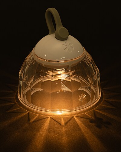 Crystal Shade, close-up of the shade lit from within at night
