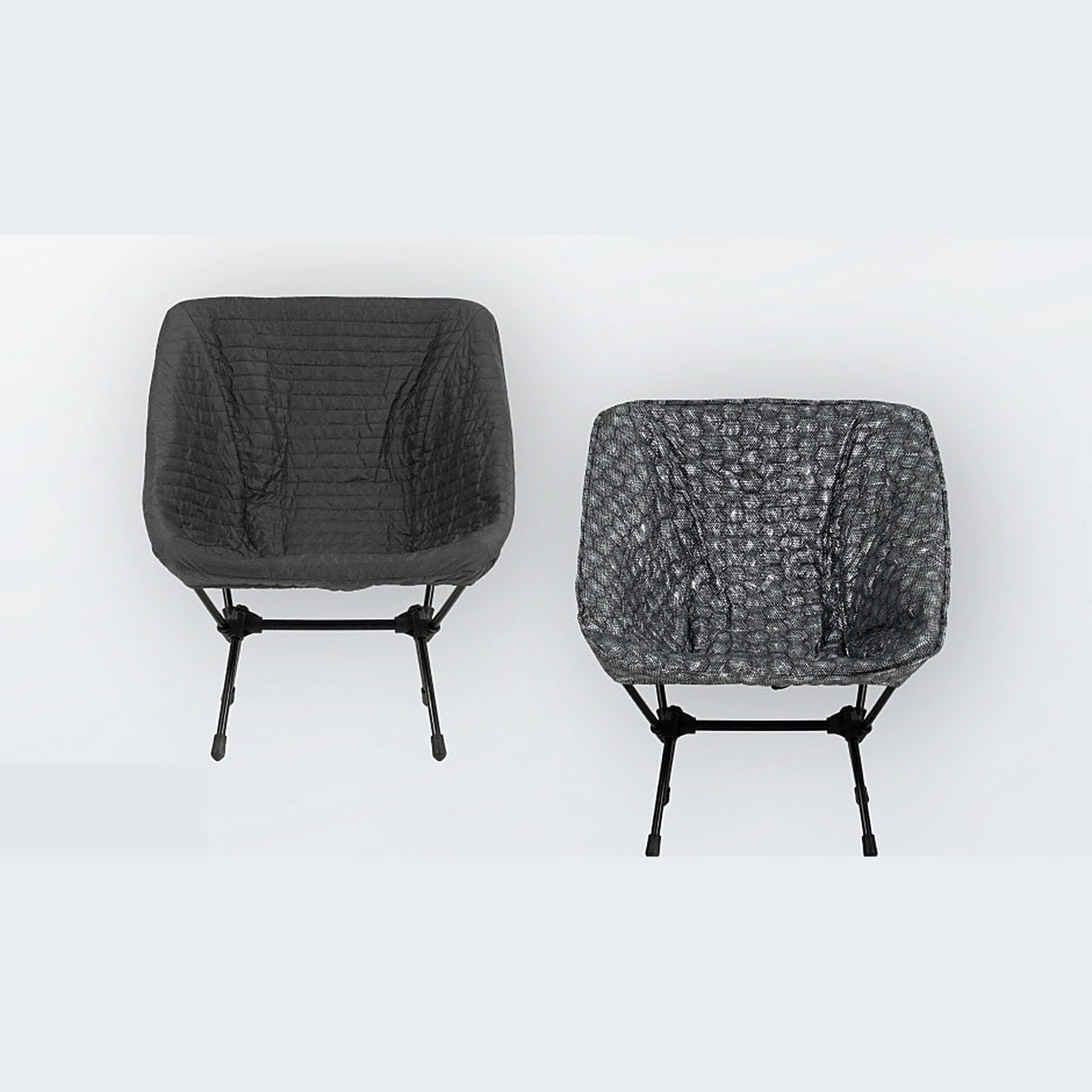DEOS Chair Warmer in charcoal — quilted face and heat-reflective side on a camp chair