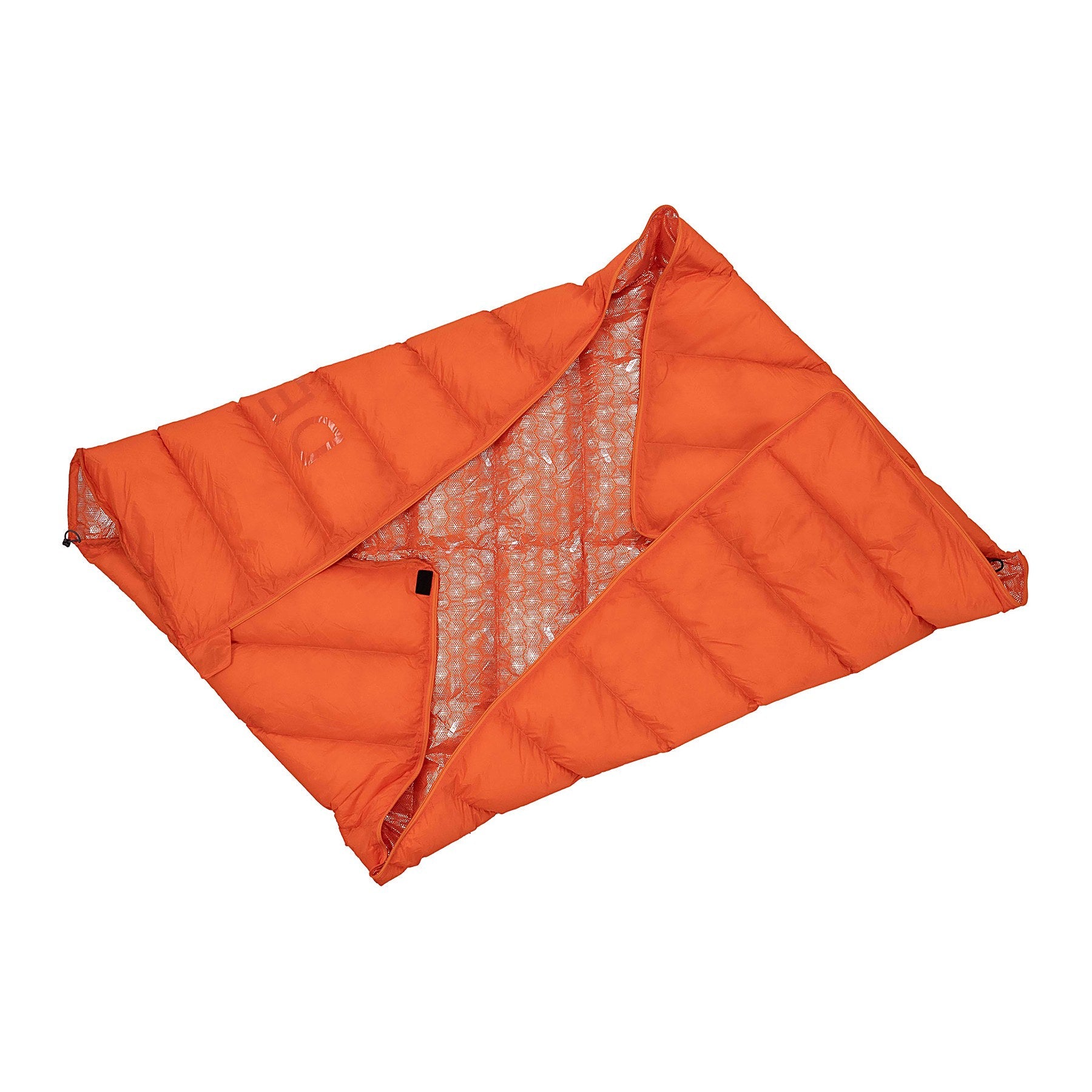 DEOS Eco-Down Camp Comforter 1500 draped open showing reflective lining, orange