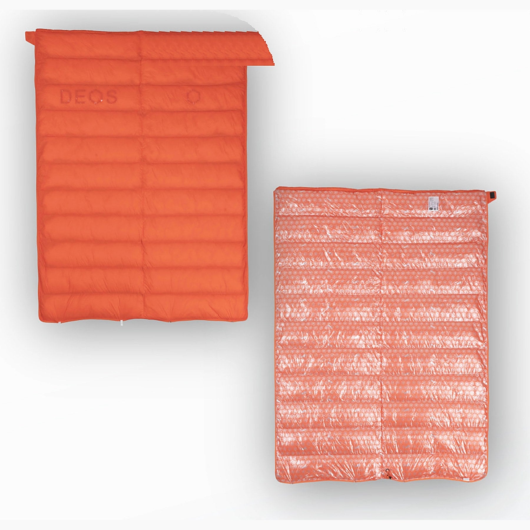 DEOS Eco-Down Camp Comforter 500 in orange — quilted face and heat-reflective lining