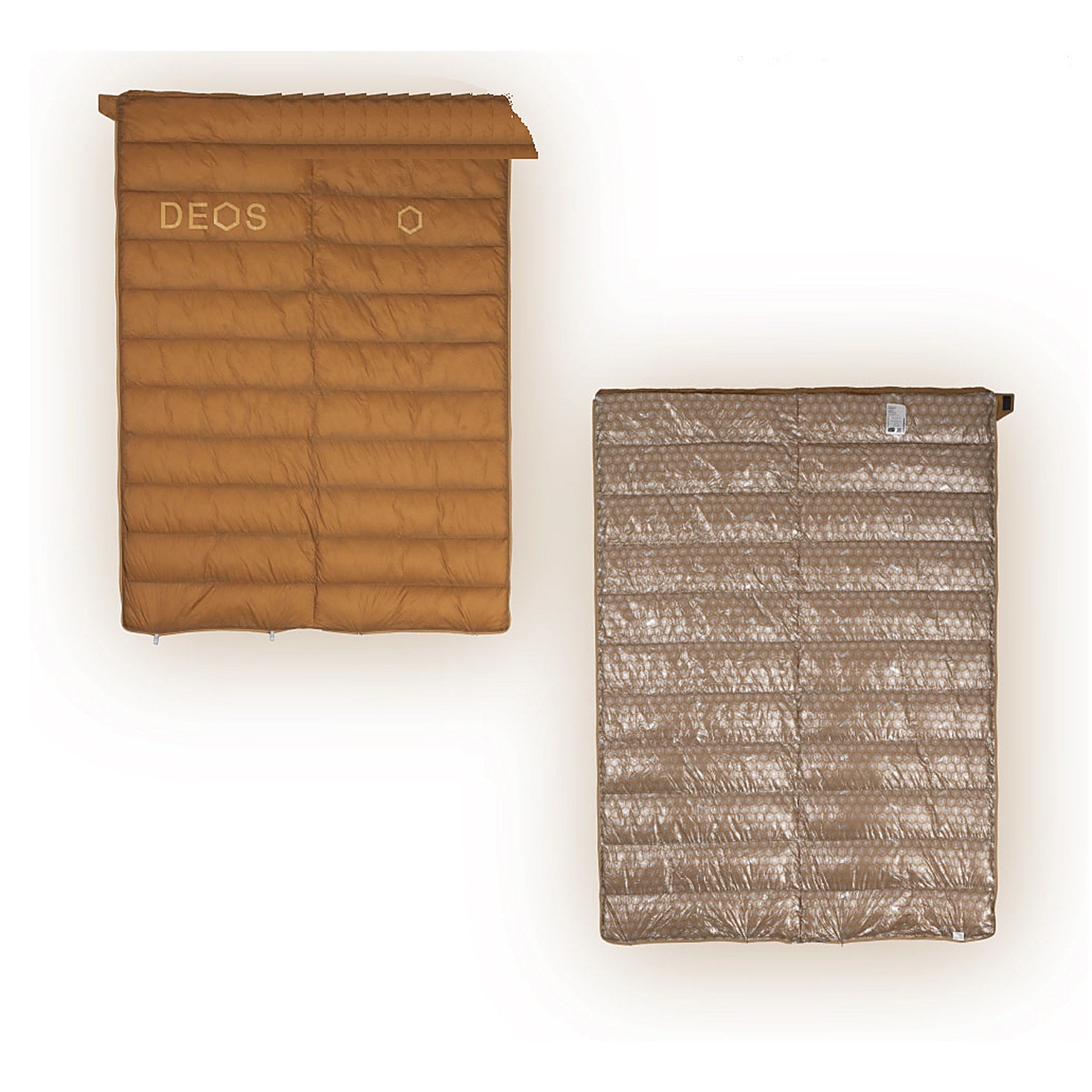 DEOS Eco-Down Camp Comforter 500 in tan — quilted face and heat-reflective lining