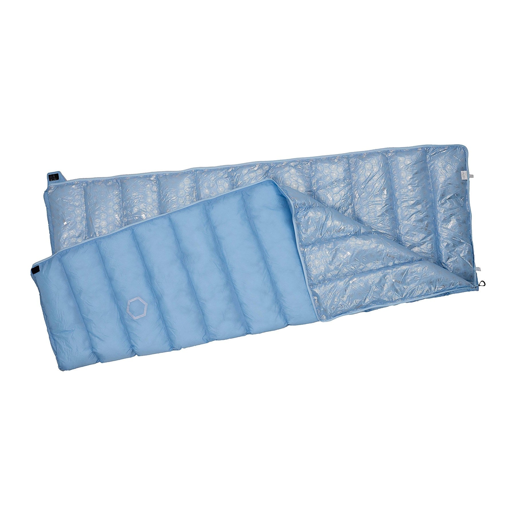 DEOS Eco-Down Camp Comforter 500 folded long showing reflective lining, sky blue
