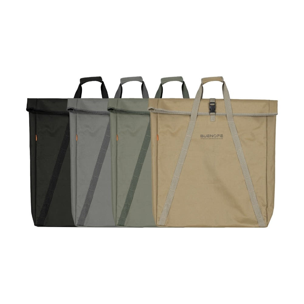 Color-matched roll-top carry bags with shoulder straps for the FLOW folding chair in black, gray, khaki, and tan