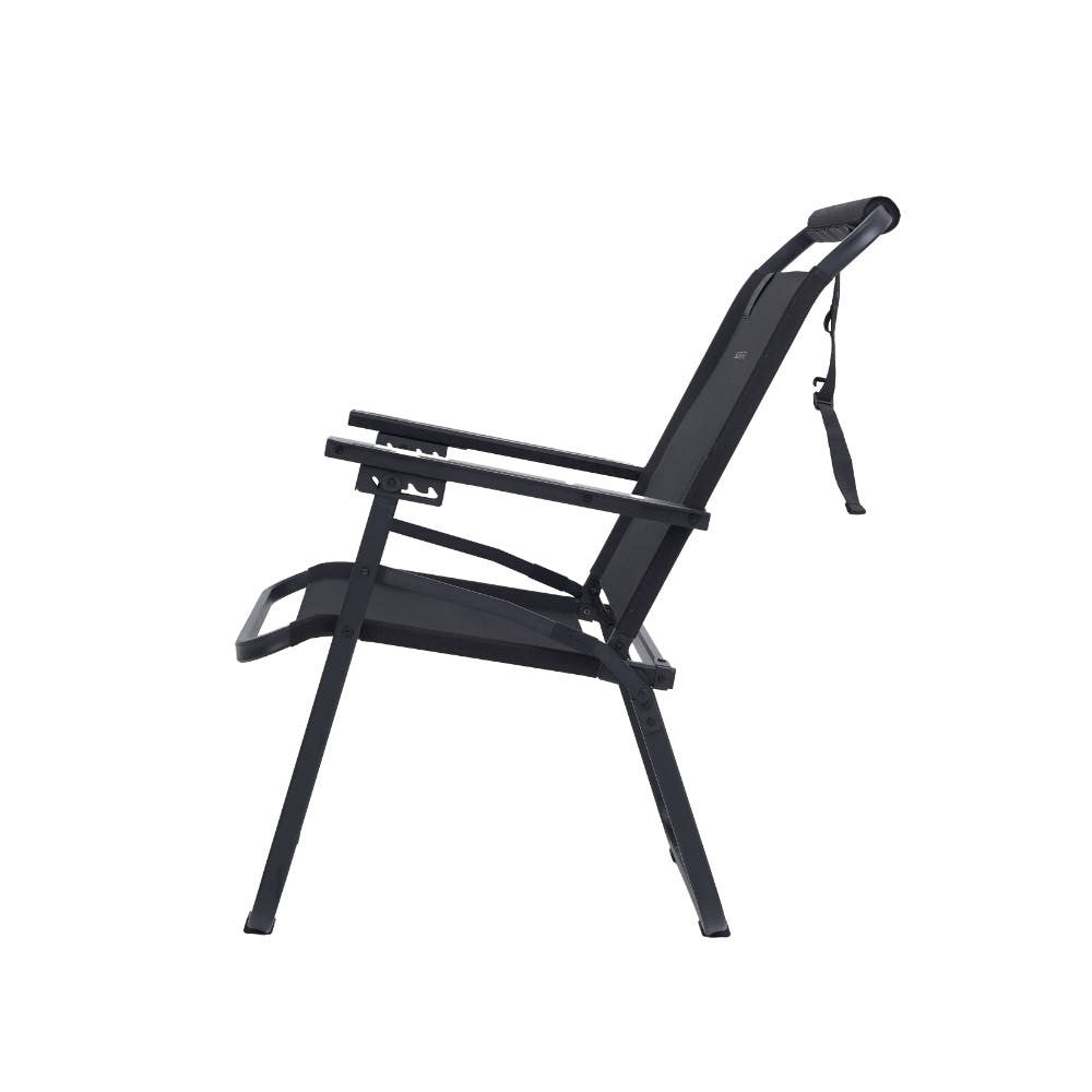 Side profile of the black FLOW folding chair showing the reclining backrest geometry and folding aluminum frame