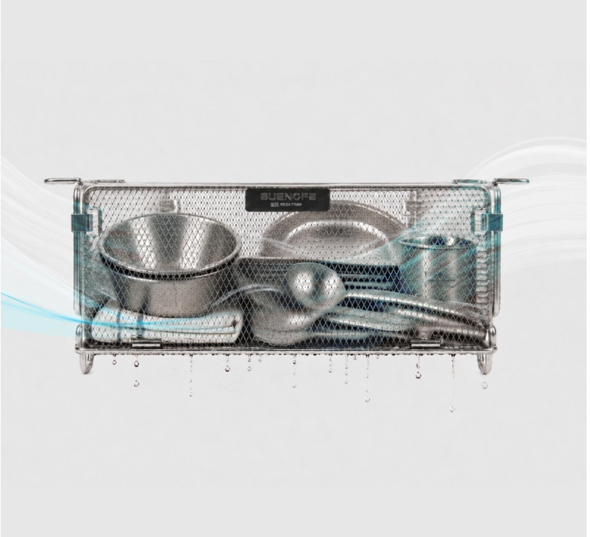 BUENOFE IGT Mesh Tray 1.5 with airflow indicators showing how the open mesh ventilates washed cookware