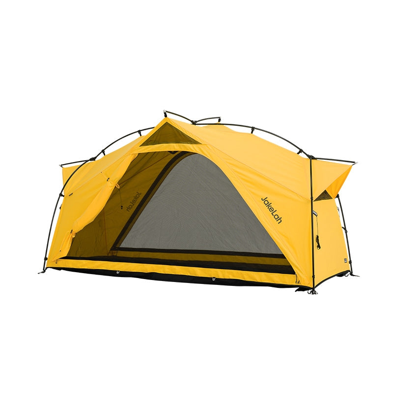 JakeLah J.cot tent W TC in Yellow - angled view with mesh door