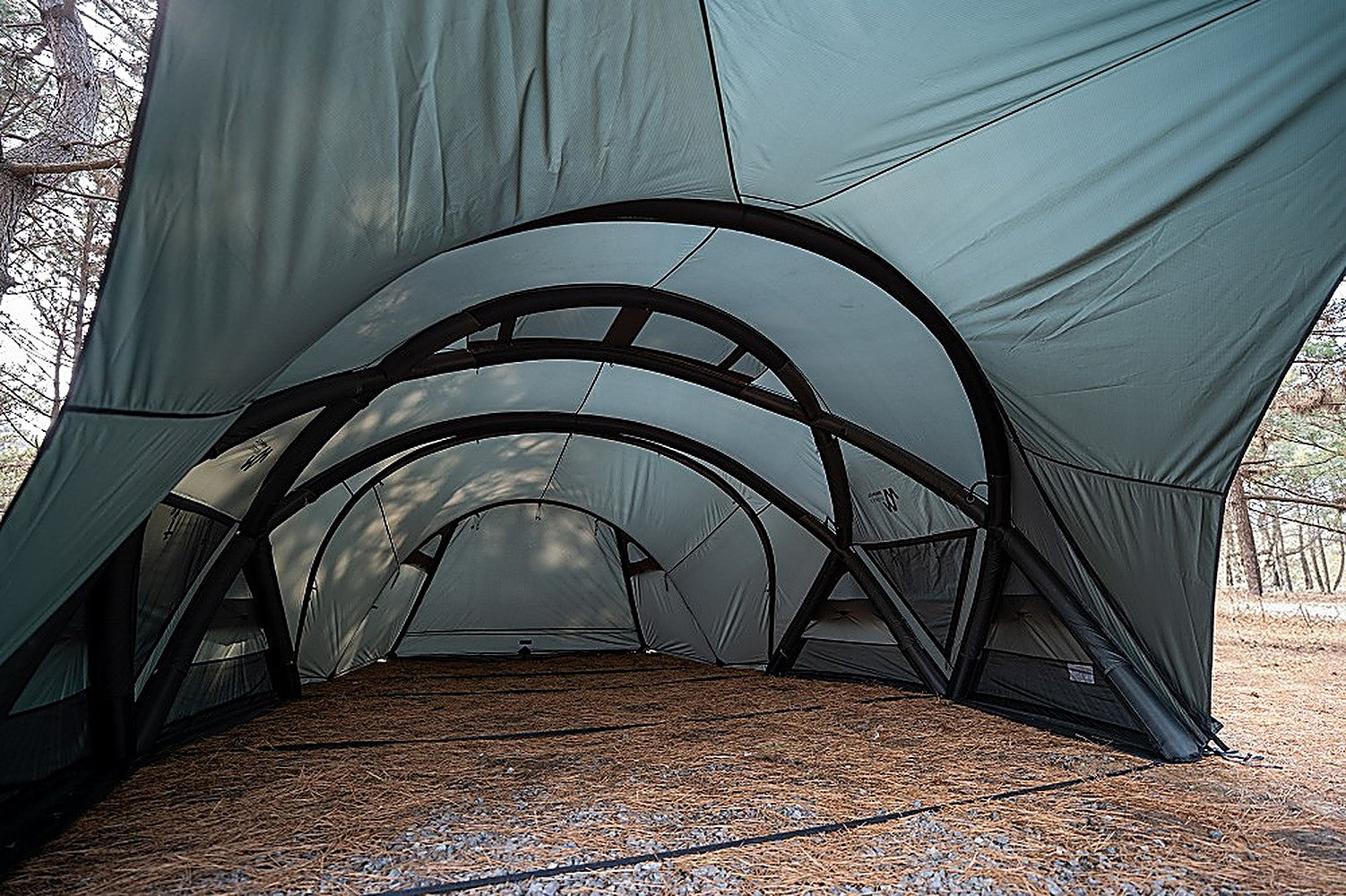 Under the Shelter GM Porch canopy showing dark arched frame beams and open sides in a pine forest