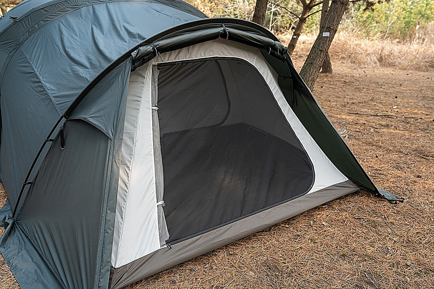 Dark green Shelter GM exterior with the Vestibule Inner Tent's mesh doorway visible, pitched on pine needles in a forest