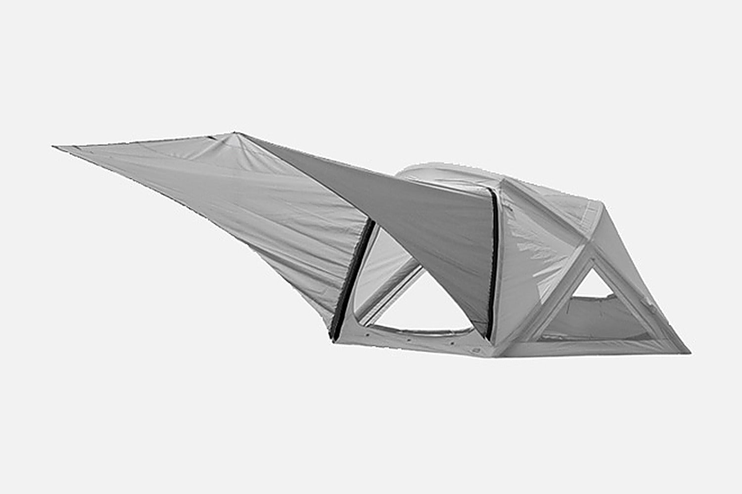 Gray colorway of the GEO AIR4 Extension Sun Shade stretched from the air tent's door arch, side-view studio render