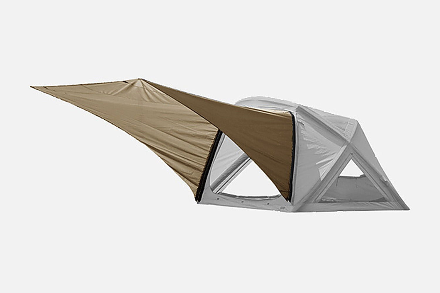 Tan GEO AIR4 Extension Sun Shade colorway extending from the dome air tent entrance, studio render on light background