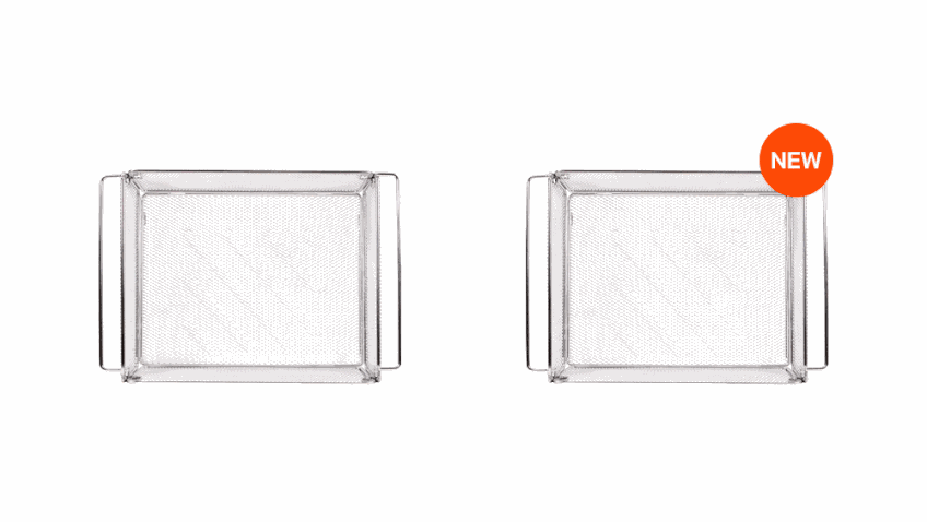 BUENOFE mesh tray line-up animation comparing the one-unit tray with the new 1.5 unit tray