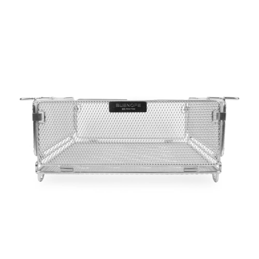 BUENOFE IGT Mesh Tray 1.5 shown front-on as a folding SUS 304 stainless mesh tray with side panels raised