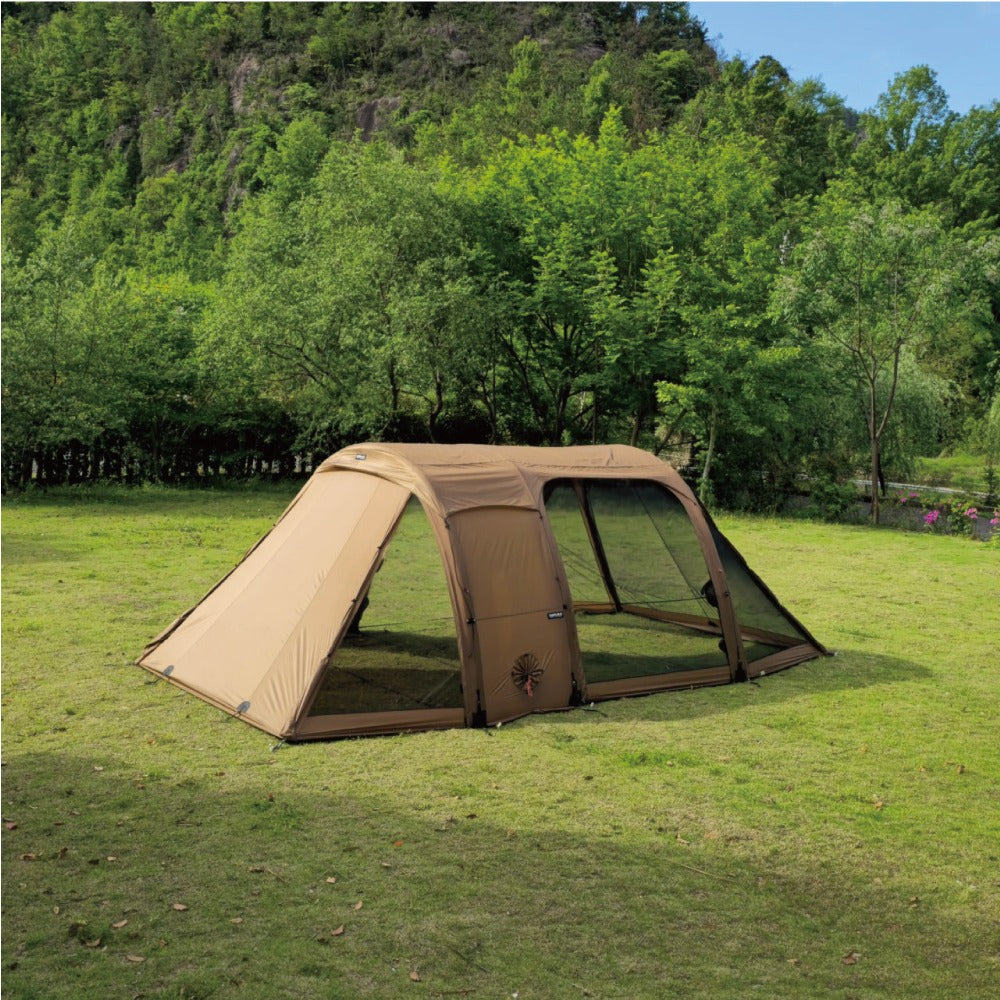 Gopamir TN600 air shelter pitched in a meadow, side mesh door open