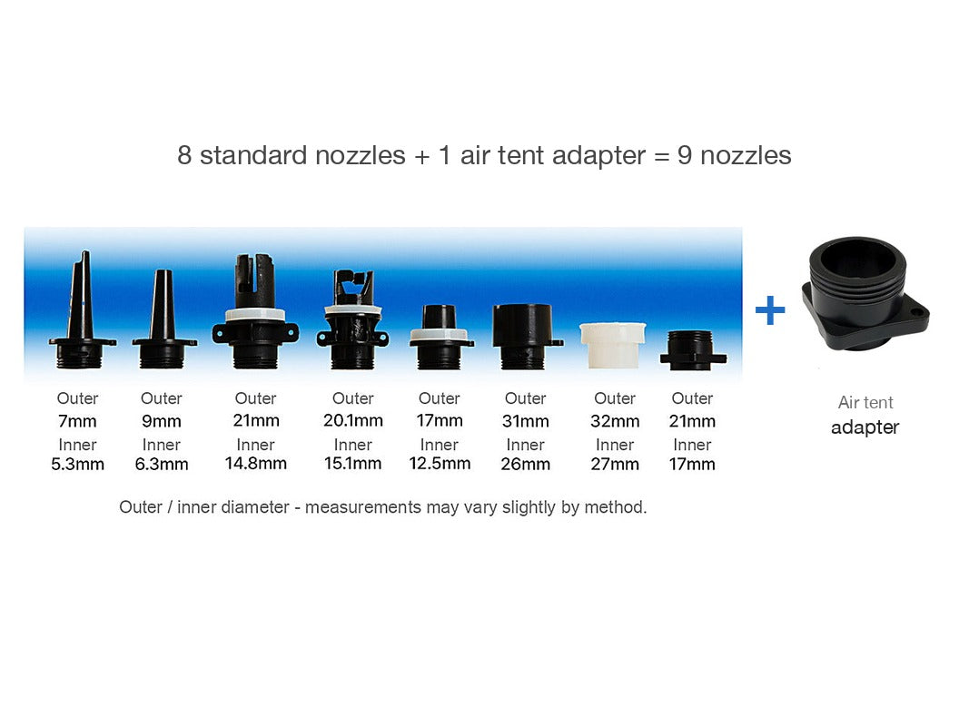 Nine nozzles: the eight standard nozzles with their outer and inner diameters, plus the flanged air tent adapter.