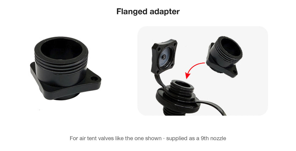 The flanged adapter, a ninth nozzle supplied with the eight standard ones, shown next to the air tent valve it fits.