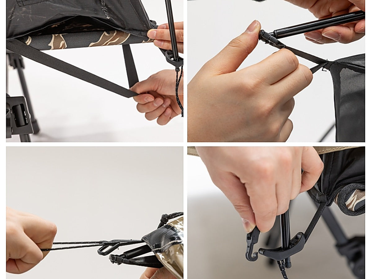 Close-up of the guy-line adjuster, webbing buckle, and pole-tip clip hardware