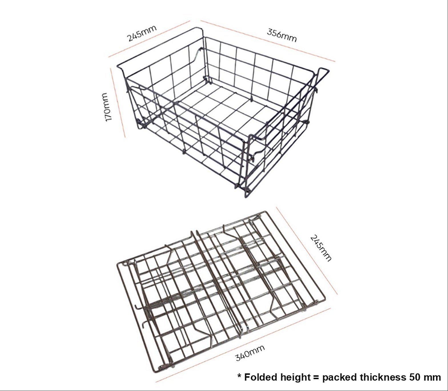Dimension drawing: set up 356 by 245 by 170 mm, folded 340 by 245 by 50 mm.