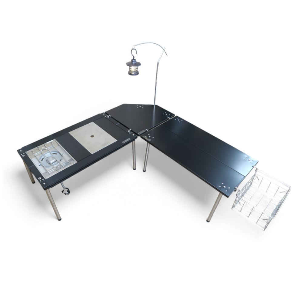 Biloc Ribera IGT multi-function table in black, L-shaped layout shown with IGT accessories