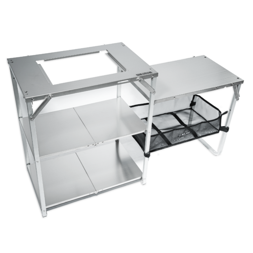 Biloc Stella IGT camp shelf, two-tier aluminium camp kitchen stand with side table and mesh storage basket