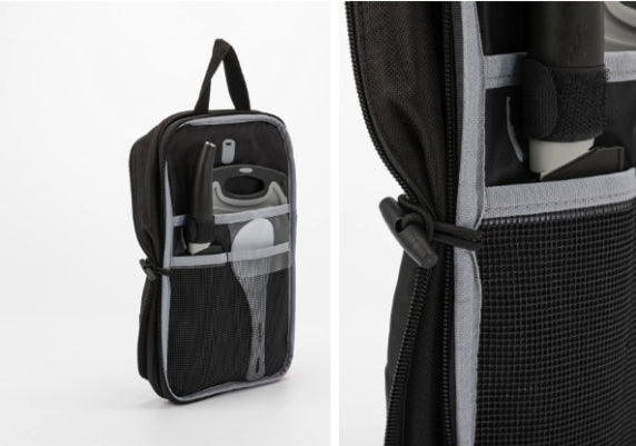 Cooking Tool Set case shown open at an angle and with the cord-lock toggle that unfolds it flat