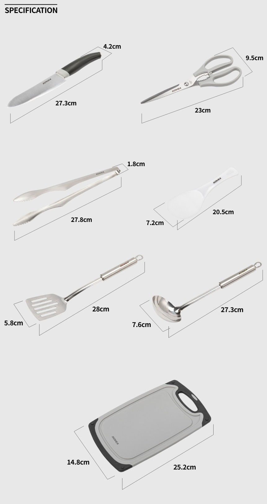 Dimension diagram for all 7 tools: knife, scissors, tongs, rice paddle, turner, ladle, and cutting board