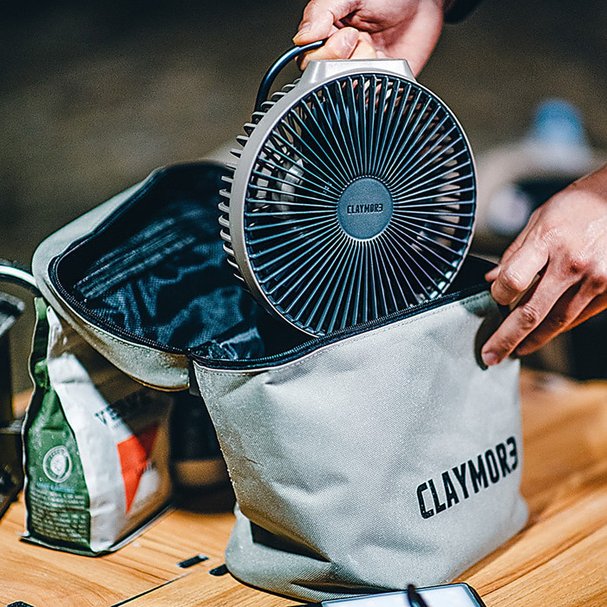 Grey V600+ size storage case shown open with the V600+ fan stored inside