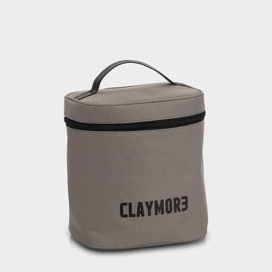 Grey V600+ size CLAYMORE fan case, three-quarter view with black handle and zipper