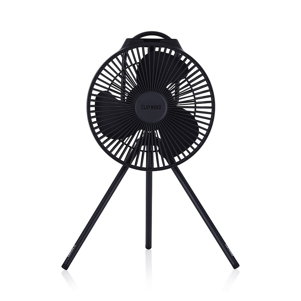 CLAYMORE V1040 rechargeable circulator fan in Black on its tripod stand, front view