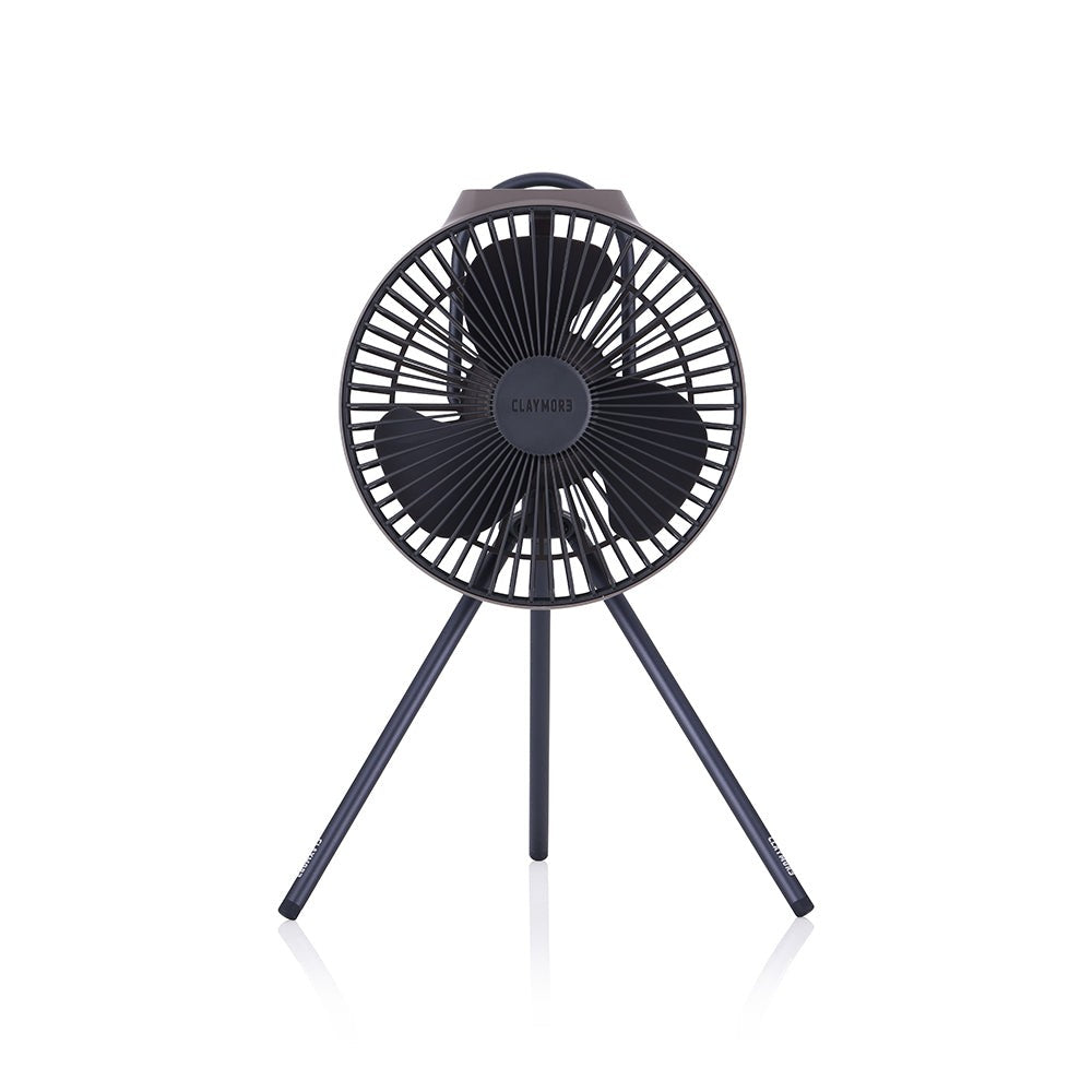 CLAYMORE V600+ rechargeable circulator fan in Warm Grey on its tripod stand, front view