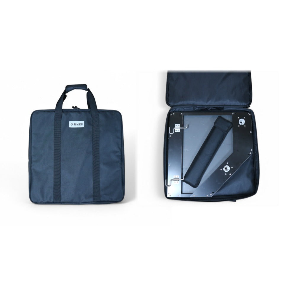 The included padded table bag closed, and open with the corner table and leg bag packed inside.