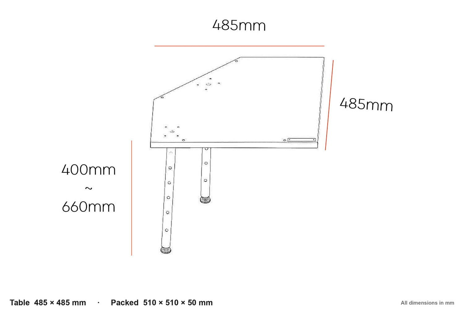 Dimension drawing of the corner table: 485 by 485 mm top, height adjustable 400 to 660 mm, packed 510 by 510 by 50 mm.