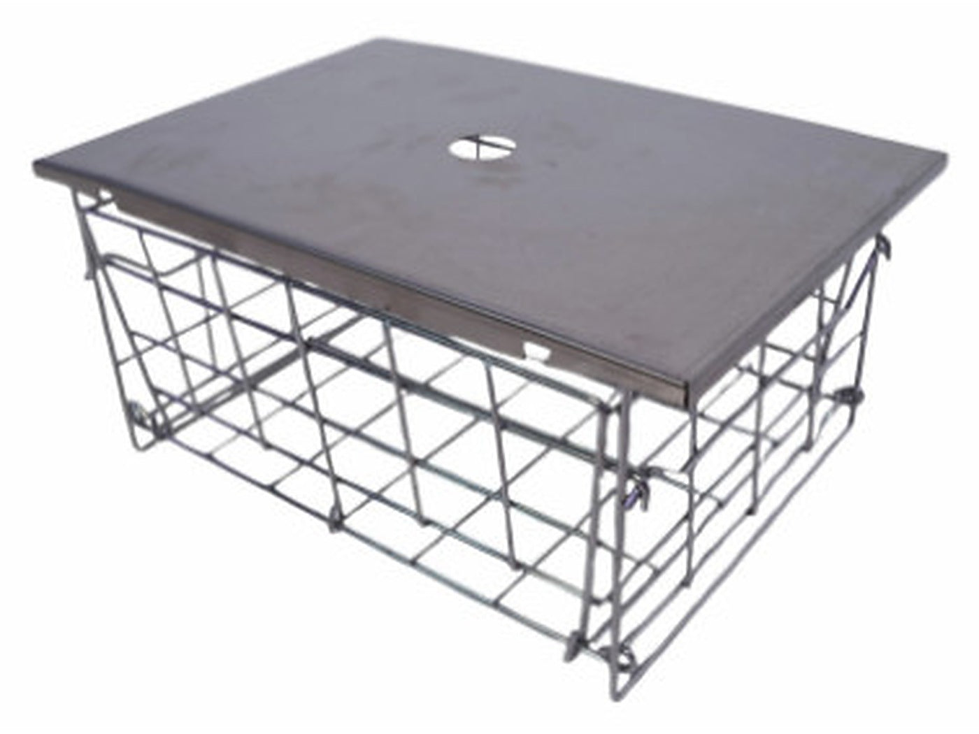 Top plate resting level across a Biloc folding wire basket, with no step at the rim.