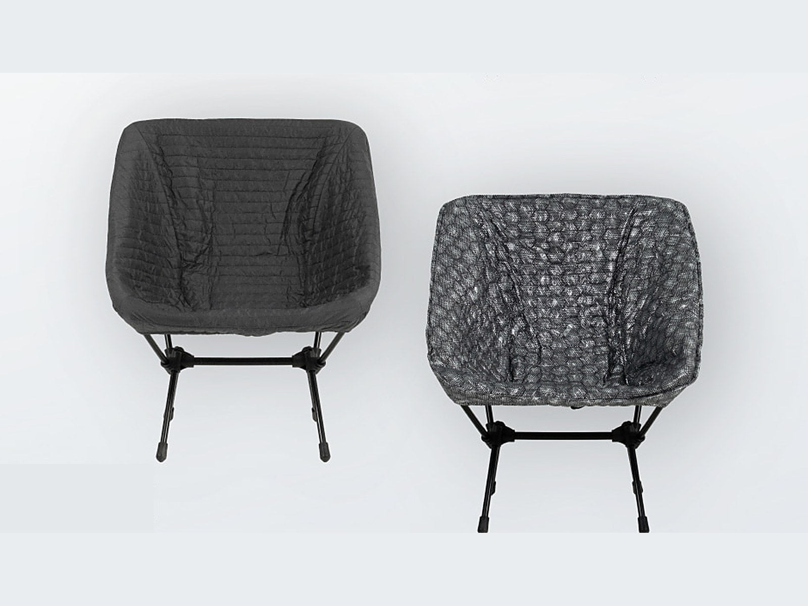 DEOS Chair Warmer in charcoal on a lightweight camp chair, both sides shown