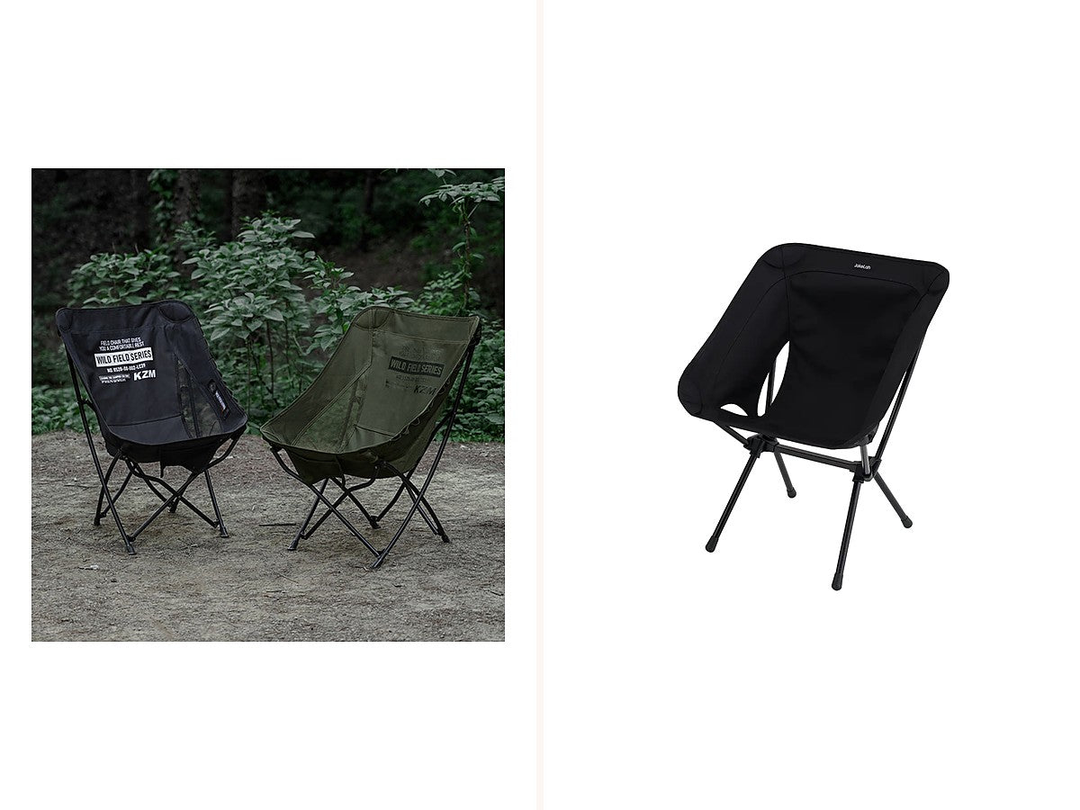 KZM Field Trekker Low Chair and JakeLah J.chair — compact camp chairs the DEOS Chair Warmer fits