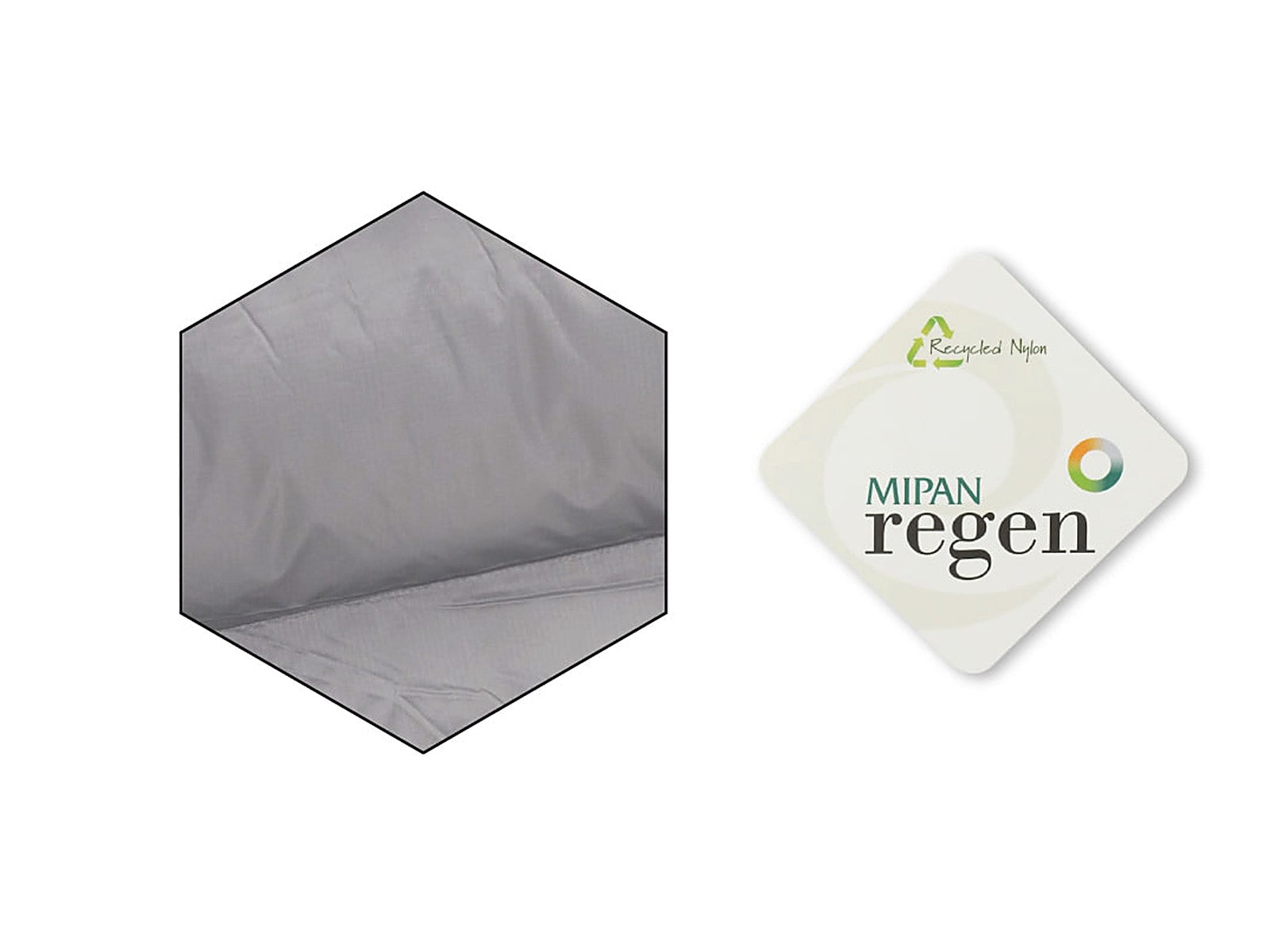 DEOS recycled ripstop nylon with MIPAN regen GRS certification badge
