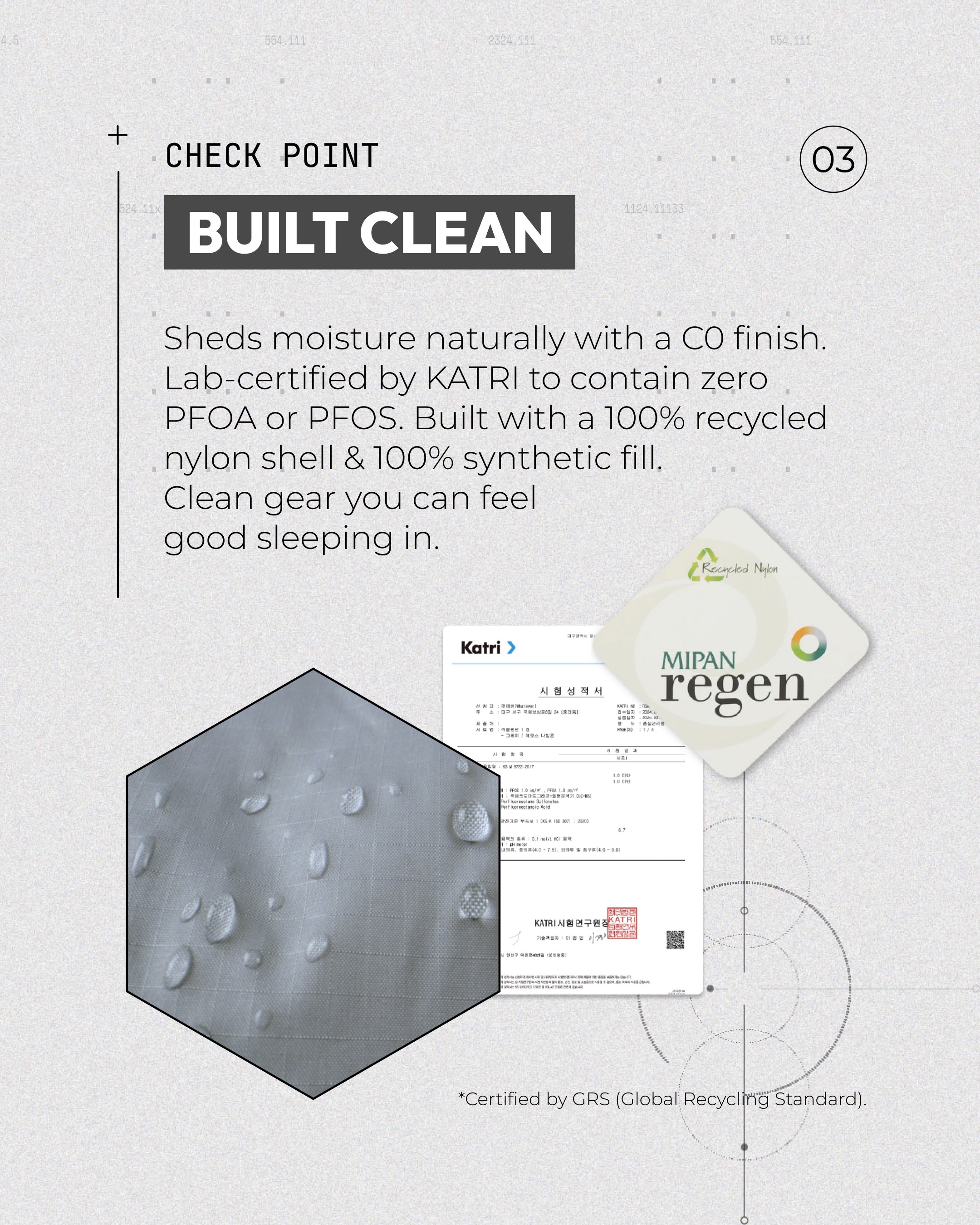 DEOS Camp Comforter feature — Built Clean: C0 finish, KATRI-certified zero PFOA/PFOS, 100% recycled nylon shell