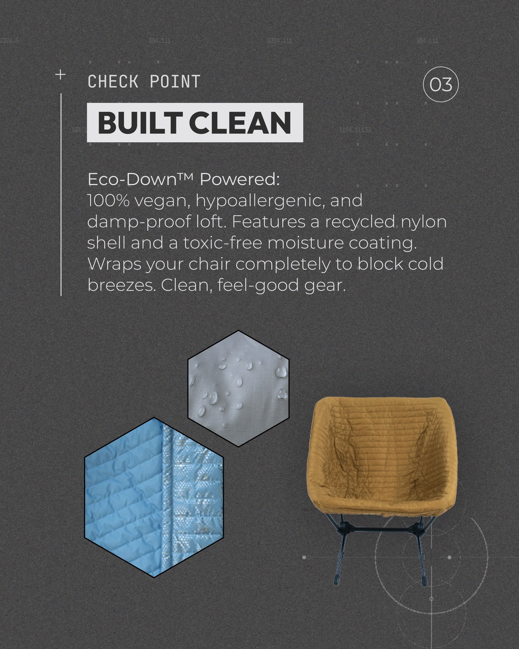 DEOS Chair Warmer feature — Built Clean: vegan Eco-Down fill, recycled nylon shell, toxic-free moisture coating