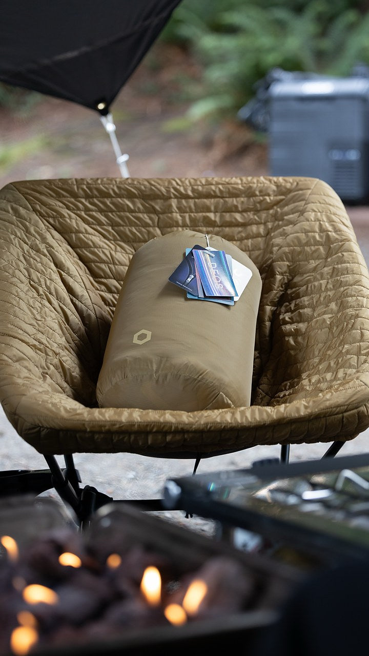 Field-tester photo — coyote DEOS Chair Warmer on a camp chair with its stuff sack