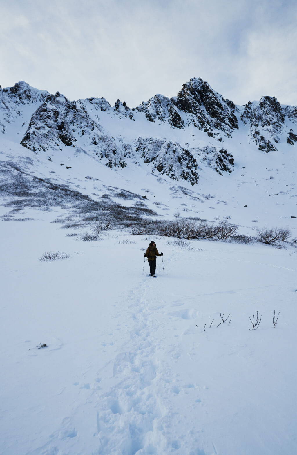 A person on the snow mountain with poles.