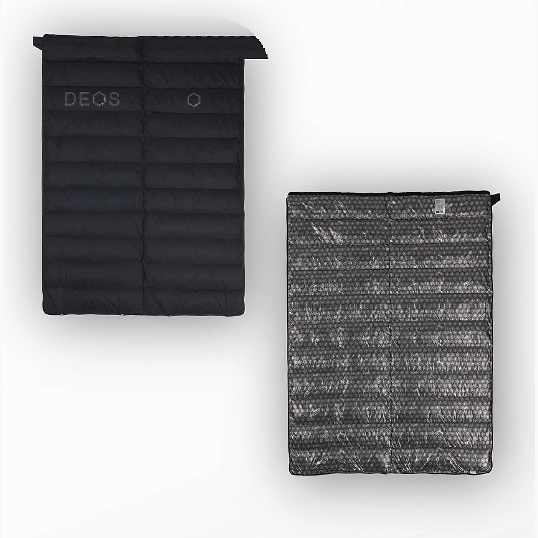 DEOS Eco-Down Camp Comforter 1500 in black — quilted face and heat-reflective lining