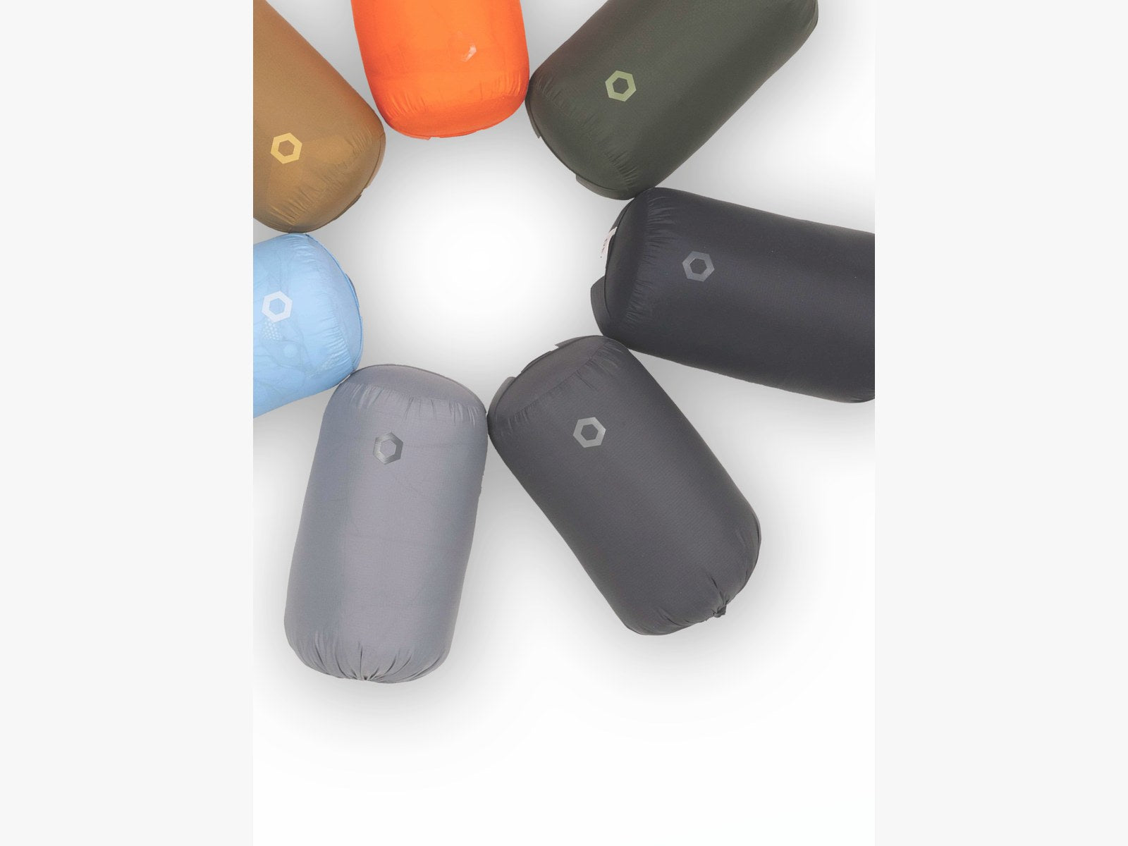 DEOS camp comforter storage pouches in seven colorways
