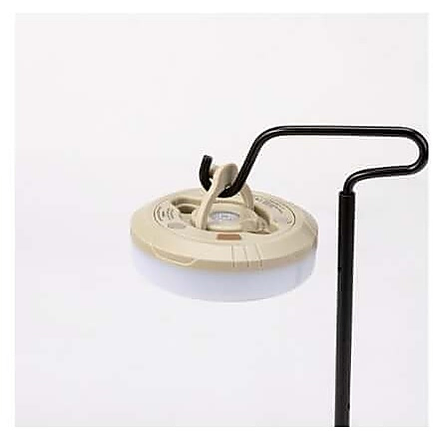 Lantern hanging from a folding hook attached to a lantern pole