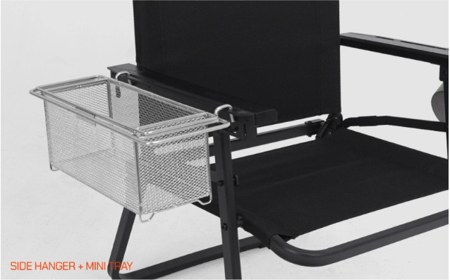 Wire mesh mini tray clipped to the FLOW folding chair armrest side hanger slot