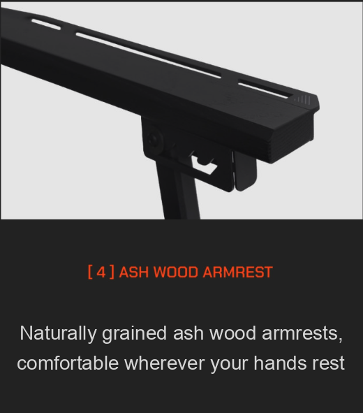 PU-coated ash wood armrest of the FLOW folding chair with natural wood grain