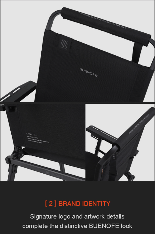 BUENOFE signature logo and artwork details on the FLOW folding chair backrest and armrest