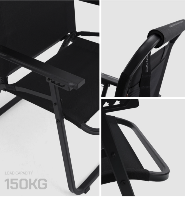 FLOW folding chair frame joint, headrest, and armrest details — load capacity 150 kg
