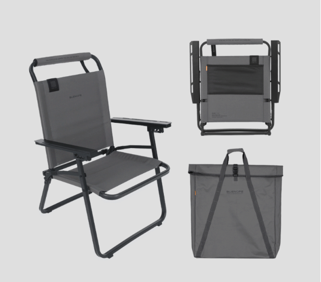 FLOW folding chair gray colorway set: assembled chair, folded flat profile, and matching roll-top storage bag